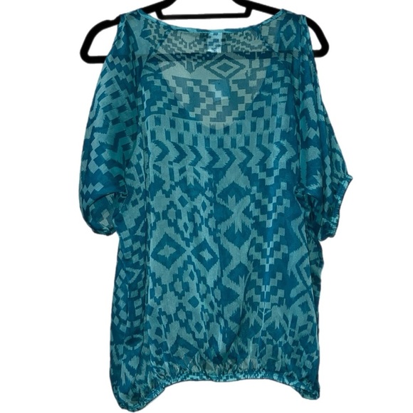 Dots size 2X pullover cold shoulder scoop neck sheer short sleeve blouse blue - Picture 3 of 13